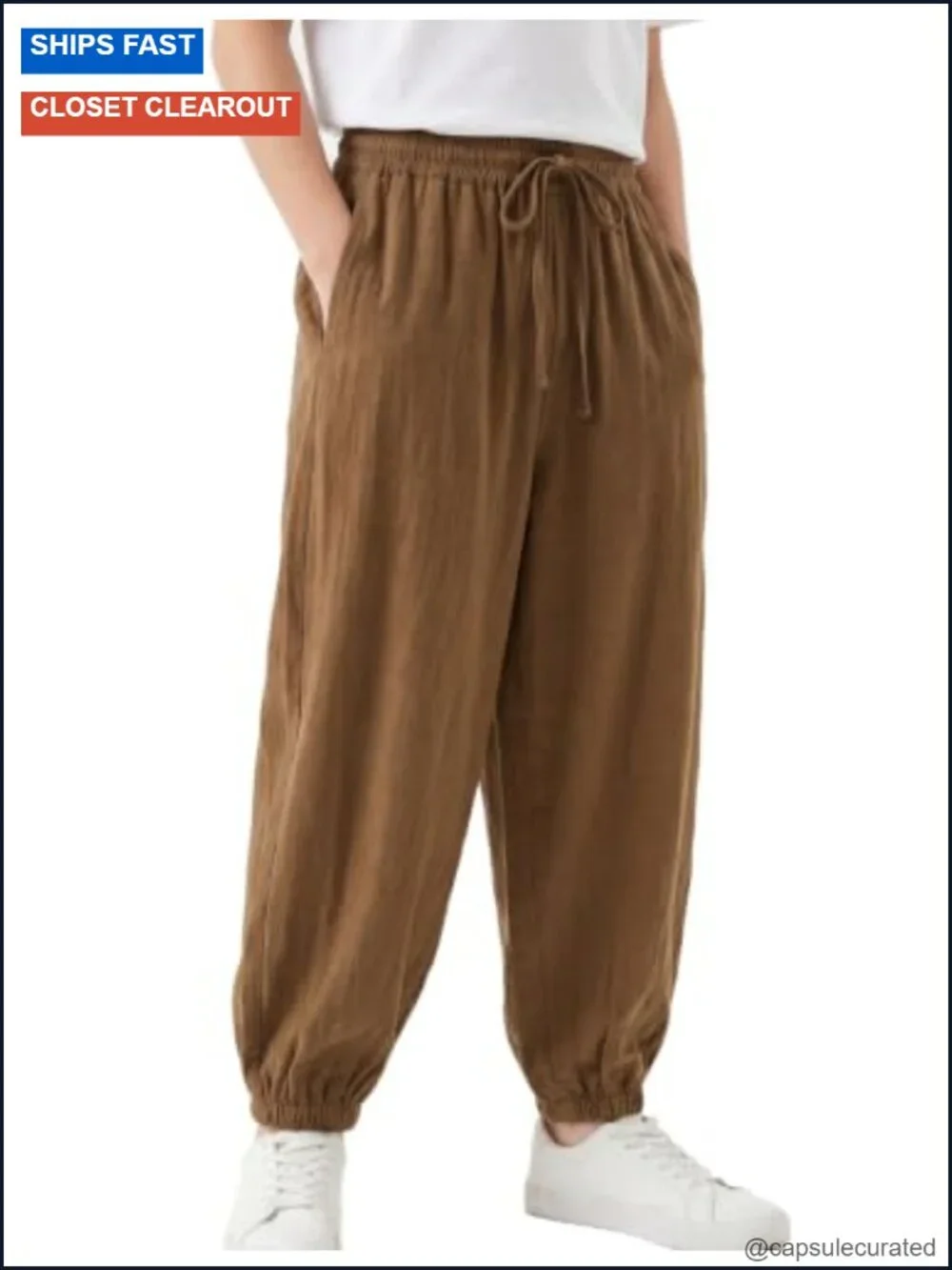 Linen Harem Pants with Elastic Waist and Drawstring